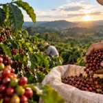 Estudo da Embrapa aponta viabilidade do café canéfora em Alta Floresta Café canéfora em Alta Floresta em composição editorial de colheita em lavoura