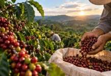 Estudo da Embrapa aponta viabilidade do café canéfora em Alta Floresta Café canéfora em Alta Floresta em composição editorial de colheita em lavoura