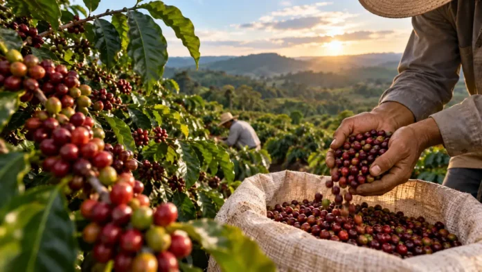 Café canéfora em Alta Floresta em composição editorial de colheita em lavoura