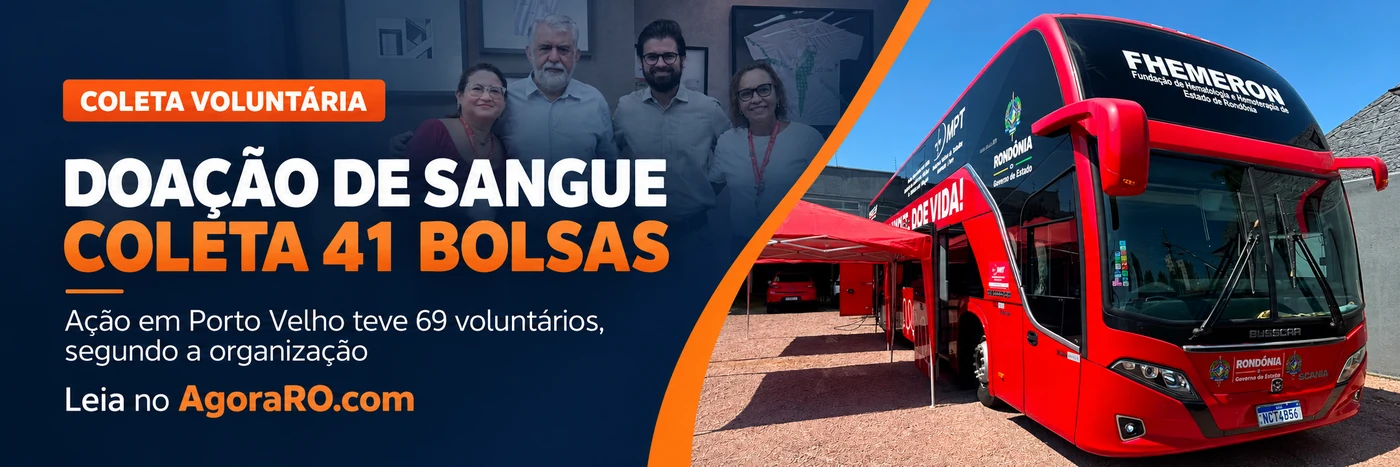 Faixa editorial sobre a doação de sangue em Porto Velho, com a unidade móvel representada e o balanço de 41 bolsas coletadas.