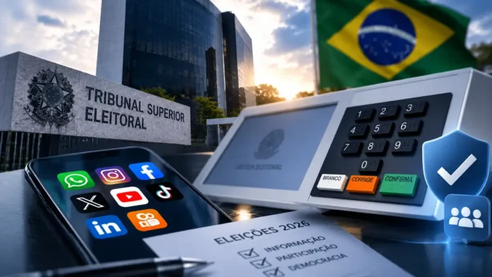 Canais oficiais do TSE em composição editorial com urna eletrônica, smartphone e símbolos de verificação