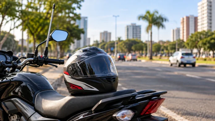 Capacetes em Porto Velho: imagem ilustrativa de motocicleta com capacete e antena corta-pipa junto ao guidão.