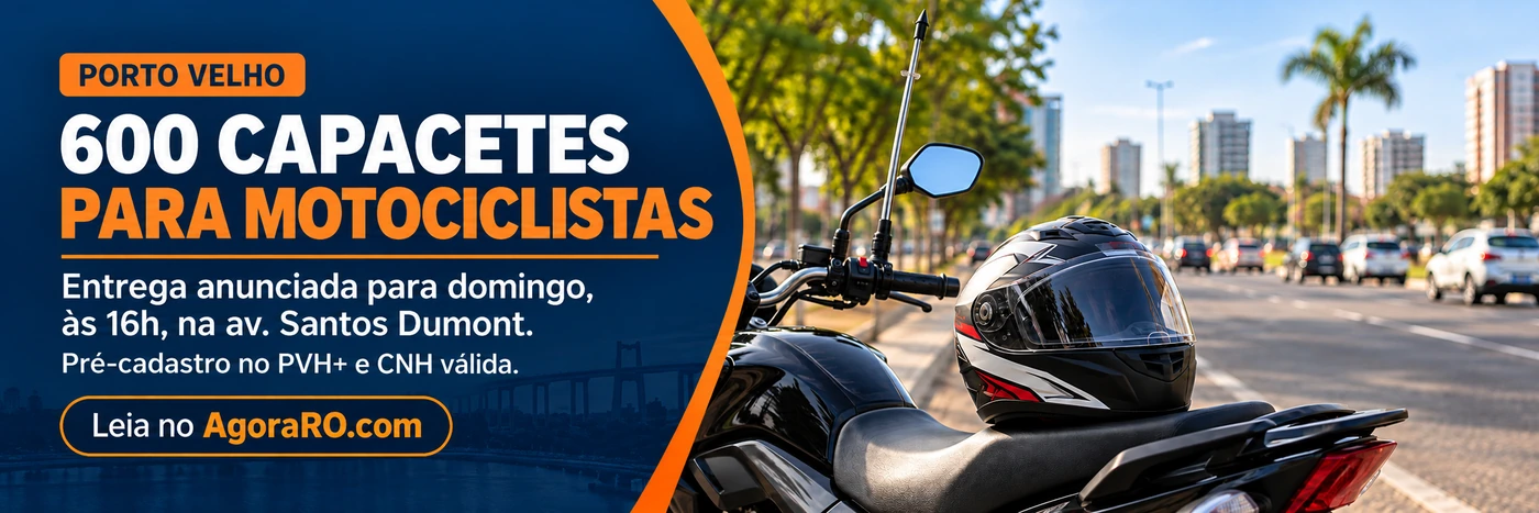 Faixa ilustrativa informa 600 capacetes para motociclistas e entrega anunciada às 16h de domingo na avenida Santos Dumont.