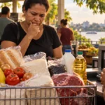 Cesta cai em agosto, mas Porto Velho ainda lidera alta de 2026 entre capitais Imagem ilustrativa de consumidora com alimentos básicos no caixa, representando a cesta básica em Porto Velho