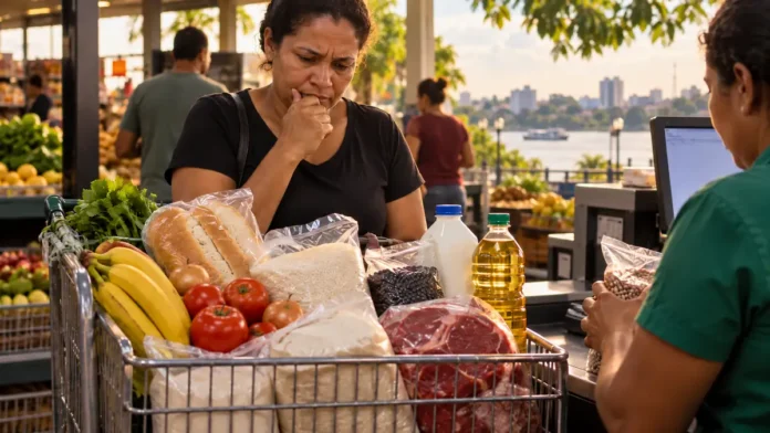 Imagem ilustrativa de consumidora com alimentos básicos no caixa, representando a cesta básica em Porto Velho
