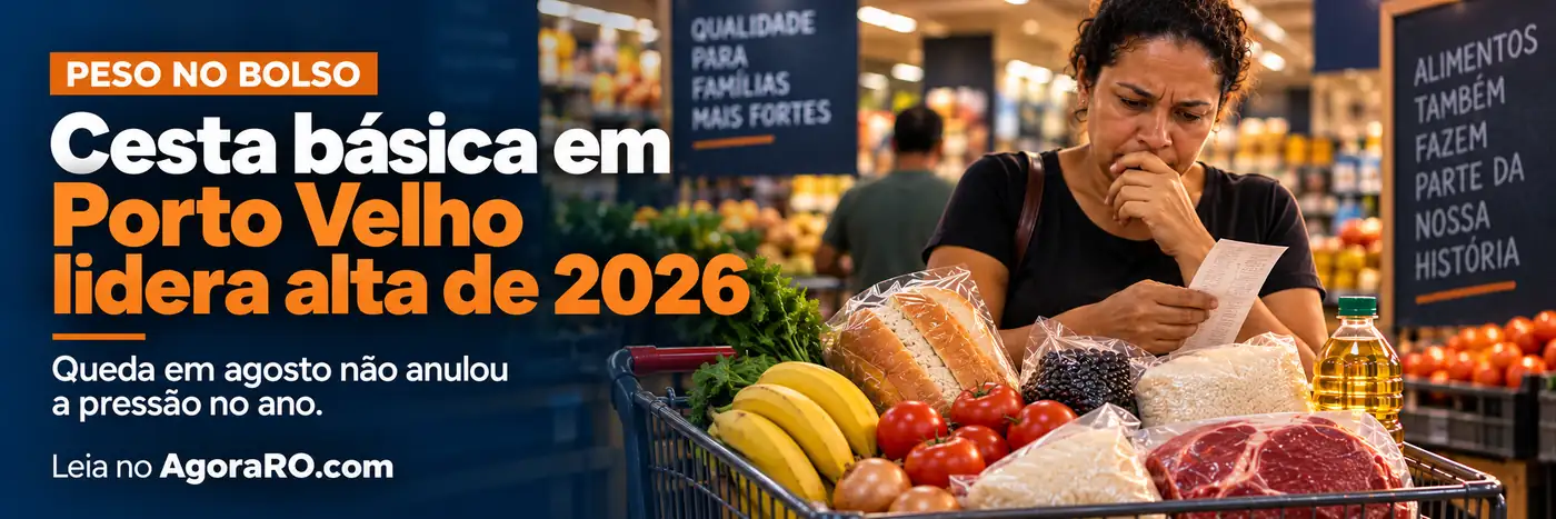Faixa ilustrativa sobre a cesta básica em Porto Velho e a maior alta acumulada entre as capitais em 2026