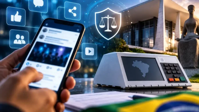 ChatGPT nas Eleições 2026 em composição editorial sobre inteligência artificial, urna eletrônica e regras eleitorais