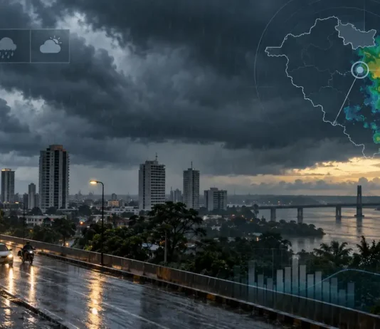 Porto Velho entra no 7 de Setembro sob alerta de chuvas intensas e ventos de até 60 km/h Composição editorial sobre alerta de chuvas intensas em Porto Velho durante o 7 de Setembro