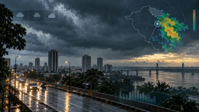 Composição editorial sobre alerta de chuvas intensas em Porto Velho durante o 7 de Setembro