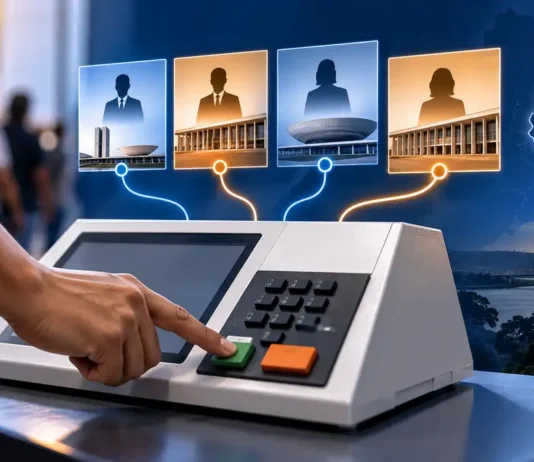 Presidente, senador e deputado não são eleitos da mesma forma; entenda Urna eletrônica em composição editorial sobre como funciona o voto nas Eleições 2026