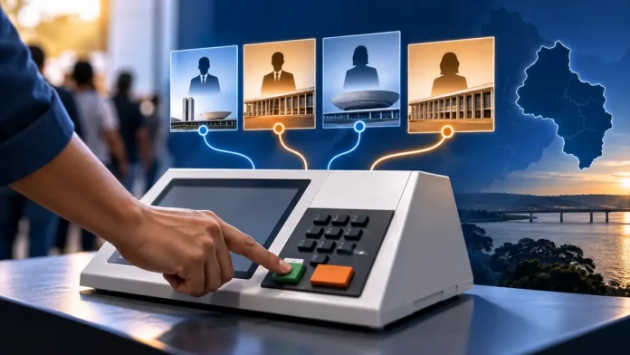 Urna eletrônica em composição editorial sobre como funciona o voto nas Eleições 2026
