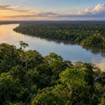 Rondônia entra em decisão de R$ 442 milhões para unidades de conservação Arte ilustrativa de rio e floresta sobre decisão nacional de R$ 442 milhões em compensação ambiental; não identifica unidade beneficiada