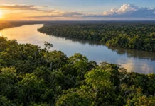 Rondônia entra em decisão de R$ 442 milhões para unidades de conservação Arte ilustrativa de rio e floresta sobre decisão nacional de R$ 442 milhões em compensação ambiental; não identifica unidade beneficiada