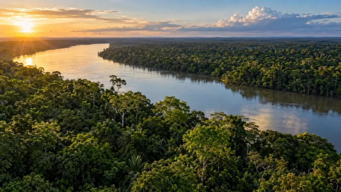 Arte ilustrativa de rio e floresta sobre decisão nacional de R$ 442 milhões em compensação ambiental; não identifica unidade beneficiada