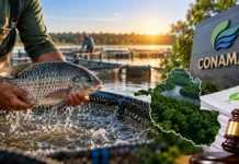 Conama muda licenciamento da piscicultura; veja impacto em Rondônia Composição editorial sobre licenciamento da aquicultura, com trabalhador em criação de peixes e elementos de regulação ambiental.