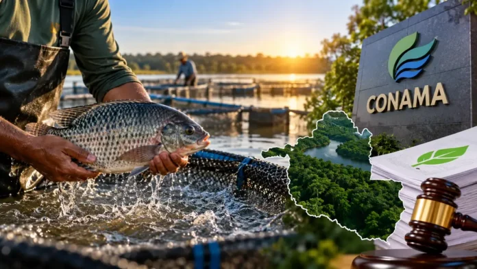 Composição editorial sobre licenciamento da aquicultura, com trabalhador em criação de peixes e elementos de regulação ambiental.