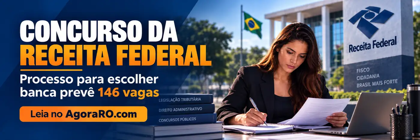 Faixa editorial sobre concurso da Receita Federal com 146 vagas previstas