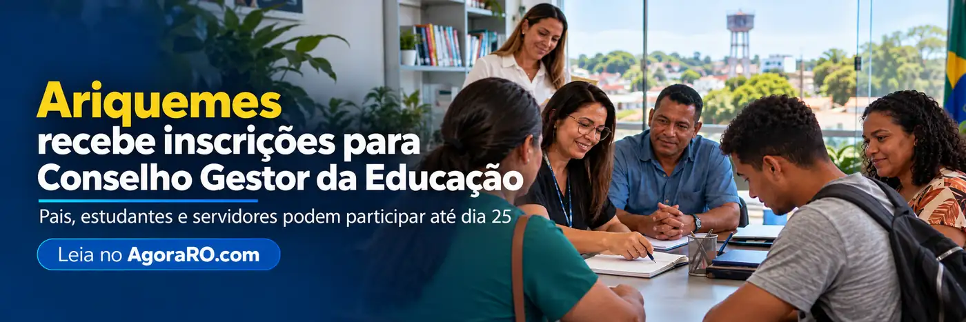 Composição editorial sobre Conselho Gestor Ariquemes e inscrições na Educação.