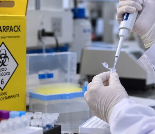 IFRO recebe sugestões até 2 de outubro para protocolo sobre acidentes com material biológico Consulta pública do IFRO: ilustração de mãos com luvas manipulando amostra em bancada laboratorial e coletor de perfurocortantes