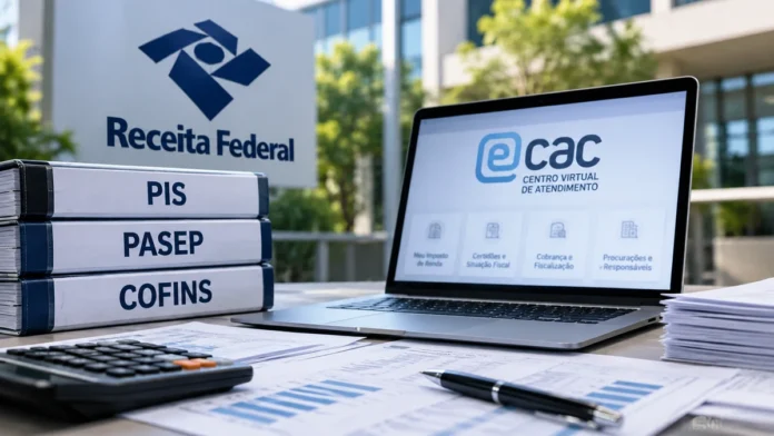 Créditos de PIS e Cofins: representação de documentos e consulta digital Fotoilustração editorial sobre créditos PIS Cofins e conferência digital; não é fotografia nem captura oficial da Receita Federal.