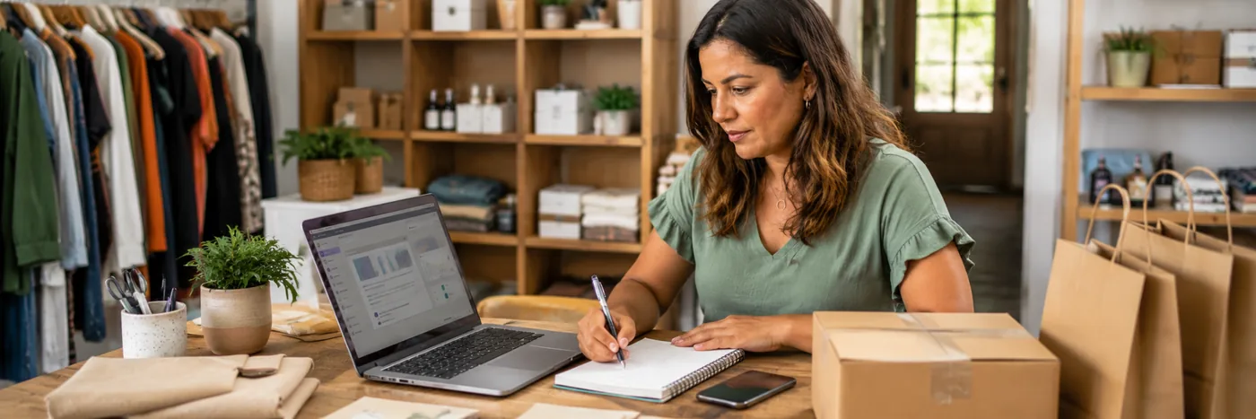 Mulher empreendedora usa notebook e faz anotações em pequeno negócio