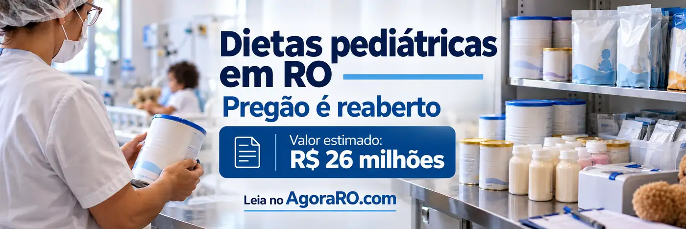Faixa editorial sobre dietas pediátricas e a reabertura do pregão em Rondônia.