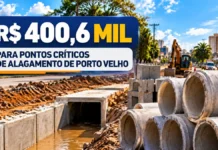 Porto Velho prevê R$ 400,6 mil para drenagem em pontos críticos de alagamento Drenagem em Porto Velho com aduelas e manilhas em composição editorial ilustrativa
