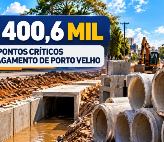 Porto Velho prevê R$ 400,6 mil para drenagem em pontos críticos de alagamento Drenagem em Porto Velho com aduelas e manilhas em composição editorial ilustrativa
