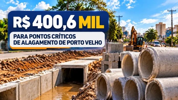 Drenagem em Porto Velho com aduelas e manilhas em composição editorial ilustrativa