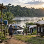 ANEEL aprova testes de energia na Amazônia; veja o que falta definir em Rondônia Energias da Floresta: ilustração de comunidade ribeirinha e sistema solar, sem retratar projeto real em Rondônia.