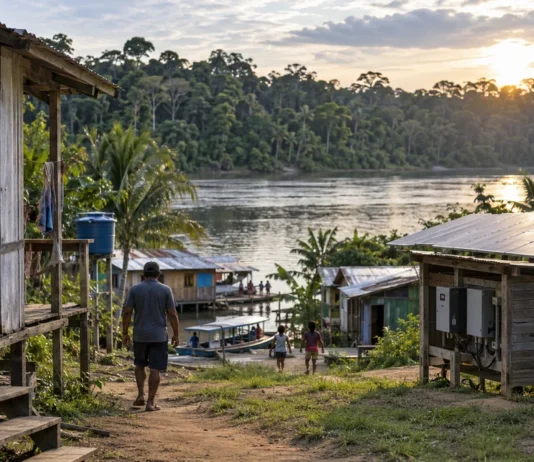 ANEEL aprova testes de energia na Amazônia; veja o que falta definir em Rondônia Energias da Floresta: ilustração de comunidade ribeirinha e sistema solar, sem retratar projeto real em Rondônia.