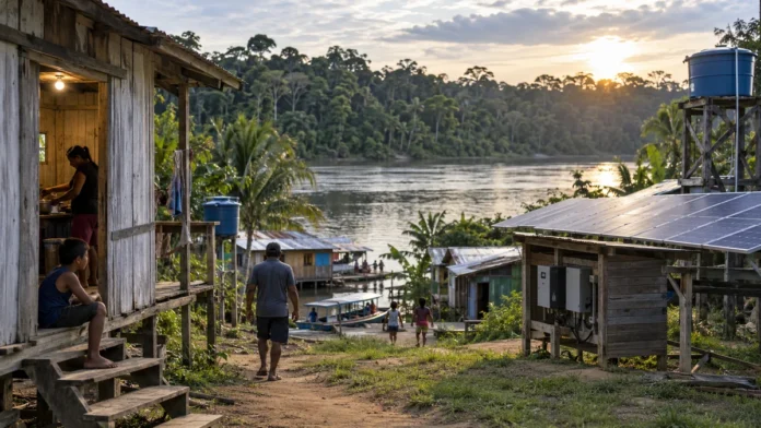 Energias da Floresta: ilustração de comunidade ribeirinha e sistema solar, sem retratar projeto real em Rondônia.