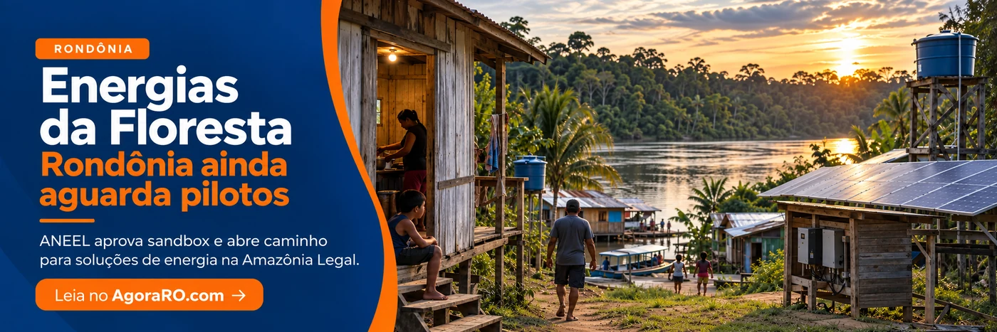 Energias da Floresta: composição ilustrativa de comunidade ribeirinha e painéis solares, sem representar piloto real em Rondônia.