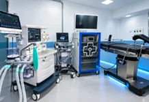 Maternidade Mãe Esperança recebe equipamentos para ampliar cirurgias em Porto Velho Equipamentos cirúrgicos em sala hospitalar ilustrativa, sem representar instalações reais da Maternidade Mãe Esperança.
