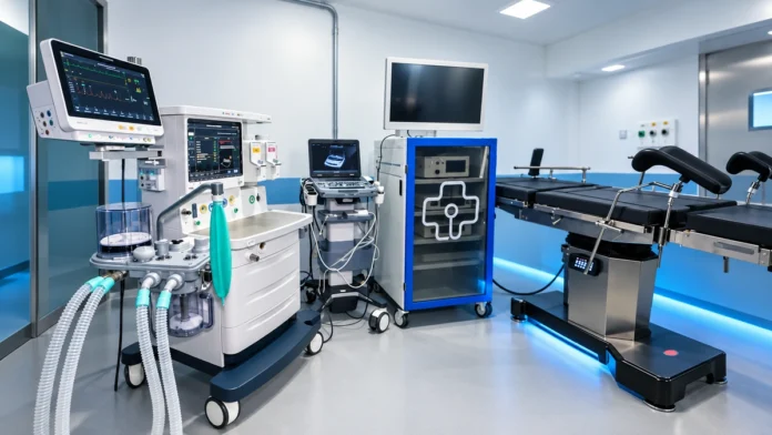 Equipamentos cirúrgicos em sala hospitalar ilustrativa, sem representar instalações reais da Maternidade Mãe Esperança.