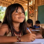 Governo oficializa escola indígena em Parecis e abre caminho para fortalecer estrutura Composição editorial humanizada sobre escola indígena em Parecis, com estudante indígena em sala de aula representando a oficialização da Txuhūikoro Berowa