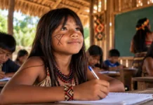 Governo oficializa escola indígena em Parecis e abre caminho para fortalecer estrutura Composição editorial humanizada sobre escola indígena em Parecis, com estudante indígena em sala de aula representando a oficialização da Txuhūikoro Berowa