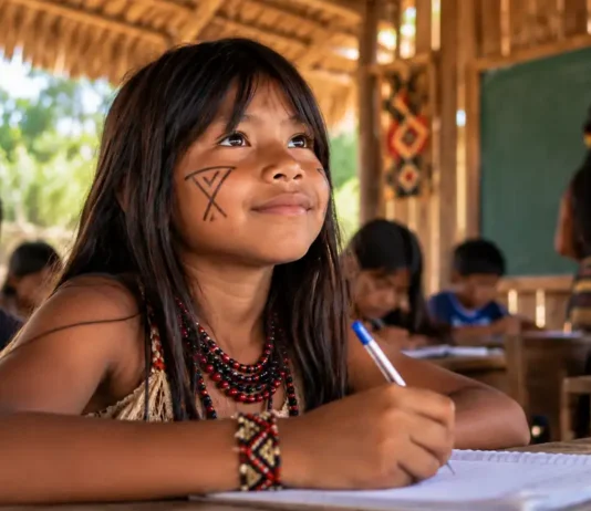 Governo oficializa escola indígena em Parecis e abre caminho para fortalecer estrutura Composição editorial humanizada sobre escola indígena em Parecis, com estudante indígena em sala de aula representando a oficialização da Txuhūikoro Berowa