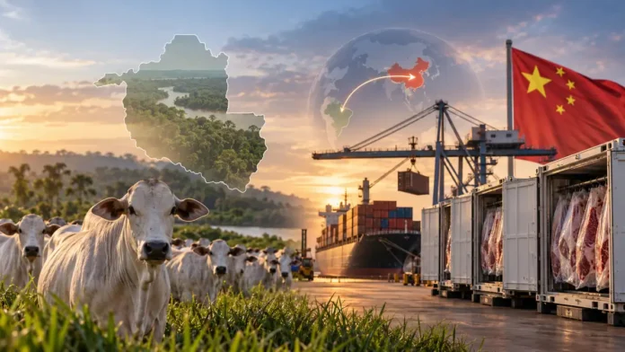 Exportação de carne bovina em agosto cai 27,1% Exportação de carne bovina em agosto em composição editorial sobre Brasil e China