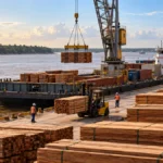 Receita mantém operação temporária para exportação de madeira pela BDX em Porto Velho Imagem ilustrativa de operação portuária com madeira beneficiada em cenário fluvial, representando exportação de madeira em Porto Velho