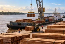 Receita mantém operação temporária para exportação de madeira pela BDX em Porto Velho Imagem ilustrativa de operação portuária com madeira beneficiada em cenário fluvial, representando exportação de madeira em Porto Velho