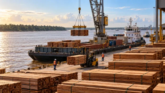 Imagem ilustrativa de operação portuária com madeira beneficiada em cenário fluvial, representando exportação de madeira em Porto Velho