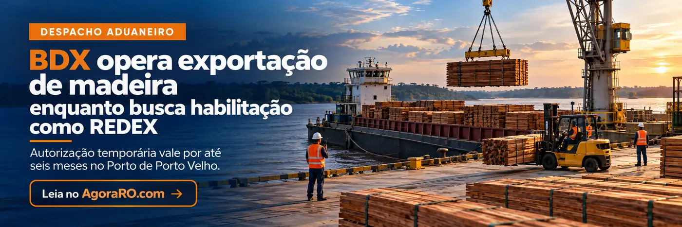 Faixa ilustrativa sobre operação temporária de exportação de madeira e processo de habilitação como REDEX em Porto Velho
