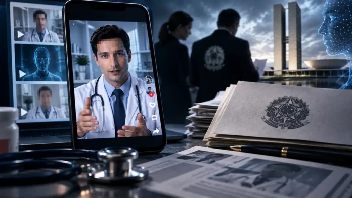 Falsos médicos por IA em composição editorial sobre vídeos de saúde e inteligência artificial