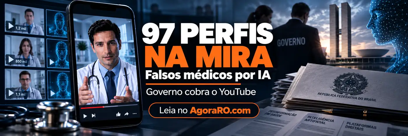 Faixa editorial sobre 97 perfis com falsos médicos por IA em vídeos de saúde