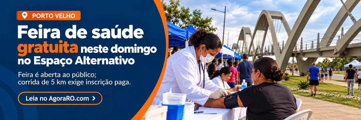 Feira de saúde gratuita no Espaço Alternativo: arte ilustrativa mostra aferição de pressão e a passarela em Porto Velho.