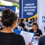 Feirão de Emprego em Porto Velho: veja data, local, cadastro e currículo Composição editorial de Feirão de Emprego com candidata levando currículo a espaço de recrutamento