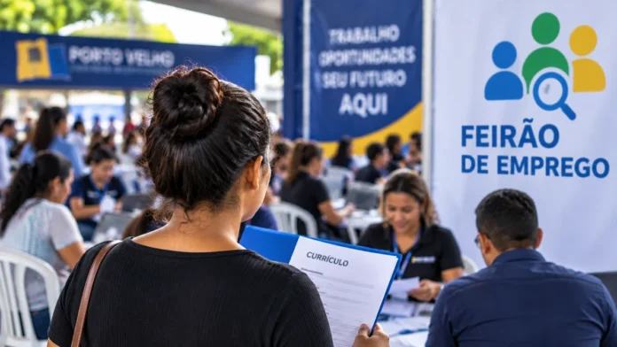 Composição editorial de Feirão de Emprego com candidata levando currículo a espaço de recrutamento