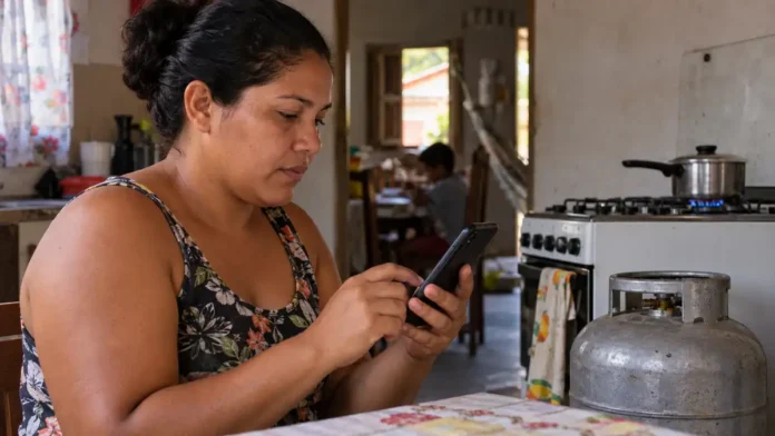 Gás do Povo em Rondônia com família consultando vale de setembro pelo celular
