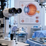 SUS incorpora cirurgia para tratar glaucoma e catarata na mesma operação glaucoma e catarata: clínica oftalmológica ilustrativa com equipamento de exame, sem representar atendimento ou procedimento real.